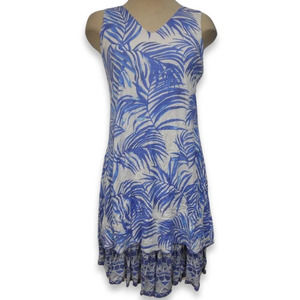 Elegant, Soft & Stretchy Tropical Print Vacation Dress in White Blue NWT